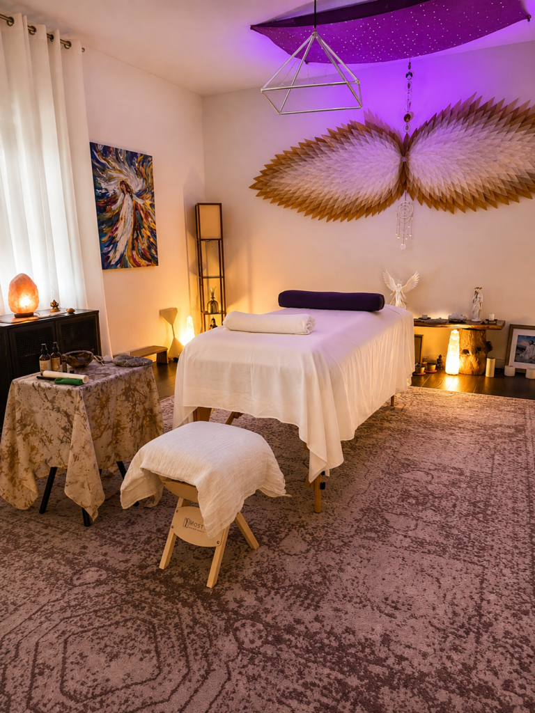 A softly lit session room with a prepared table beneath white and gold wings
